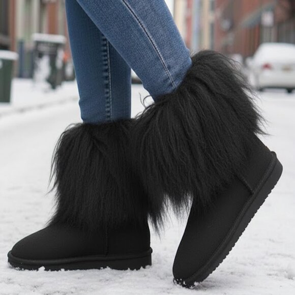 Bearpaw Boo Black Shearling Wool Line Curly Lamb Fur Mongolian Sherpa Boots 8 - Picture 1 of 10